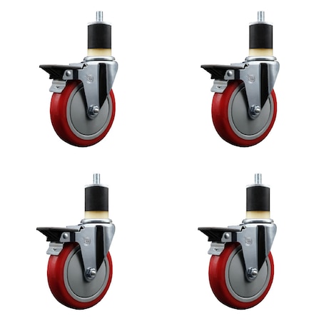 Service Caster 5'' Red Poly Swivel 1-7/8'' Expanding Stem Caster Set with Brake, 4PK SCC-EX20S514-PPUB-RED-PLB-178-4